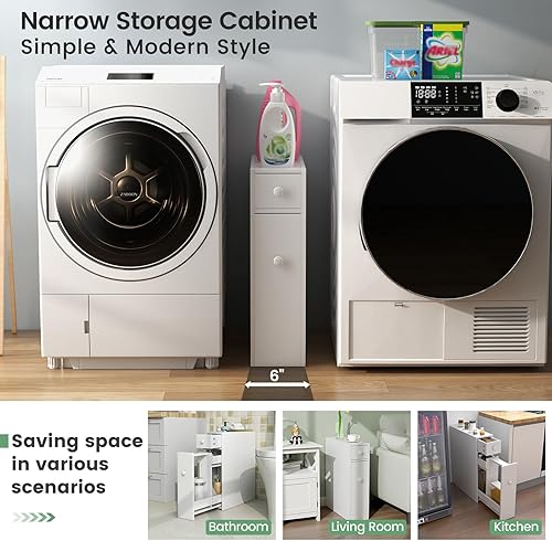 Miniatura 8 de LOKO Armario de suelo de baño, organizador de almacenamiento estrecho con tapa abatible, cajón extraíble y estantes, soporte de papel higiénico