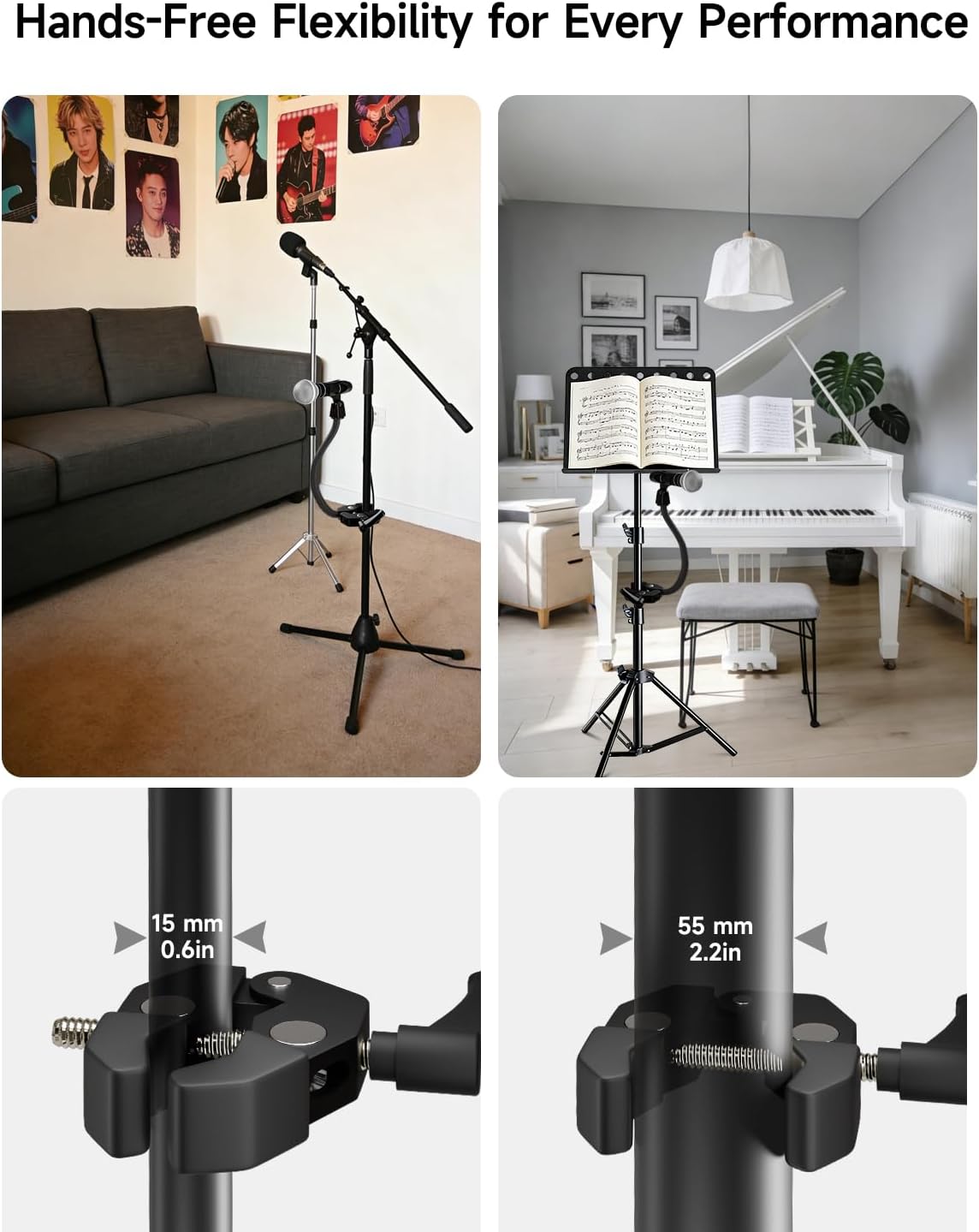 Gooseneck Microphone Stand, Adjustable Microphone Holder with 2 Universal Mic Clips, Gooseneck Mic Stand with 3/8"-16 Adapter for Recording Studio, Live Streaming, Podcast and Broadcasting
