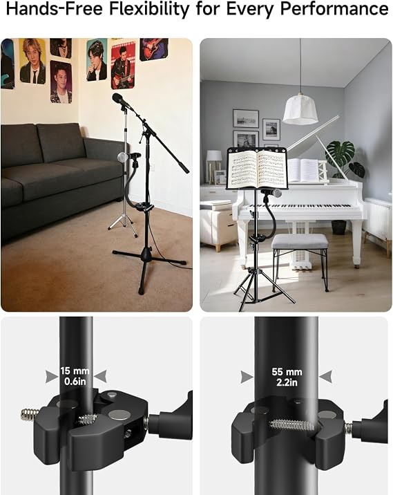 Gooseneck Microphone Stand, Adjustable Microphone Holder with 2 Universal Mic Clips, Gooseneck Mic Stand with 3/8-16 Adapter for Recording Studio, Live Streaming, Podcast and Broadcasting