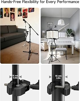 Gooseneck Microphone Stand, Adjustable Microphone Holder with 2 Universal Mic Clips, Gooseneck Mic Stand with 3/8-16 Adapter for Recording Studio, Live Streaming, Podcast and Broadcasting