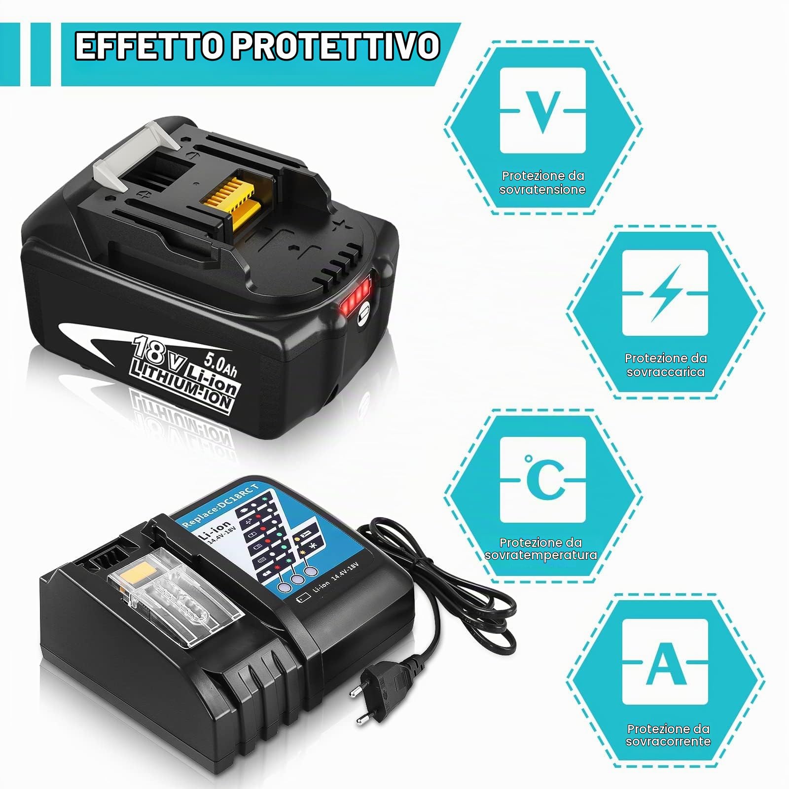 Batteria 18V 5.0Ah per Batteria con 14.4-18V 3A DC18RCT per Caricabatterie 18V BL1850B BL1850 BL1860 BL1860B BL1830 BL1840 LXT-400 e Caricabatterie DC18RCT DC18RD DC18RA