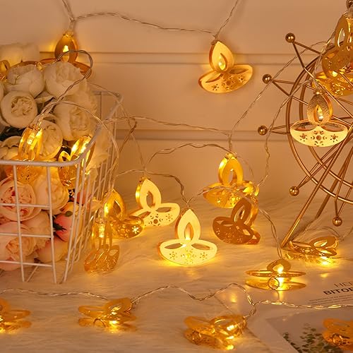 Retisee Guirnalda de luces Diwali de 20 pies con 40 luces LED Diya Happy Diwali para decoración de ventana india para pared, ventana, interior y