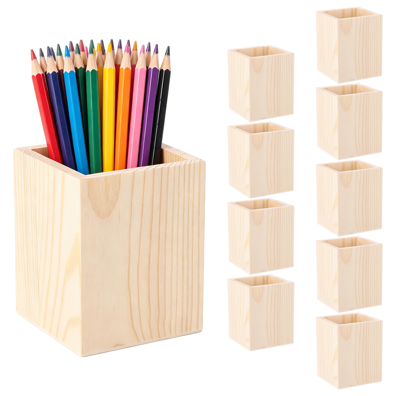 LDHHYH 10 Pack Wooden Pencil Holders, 8x8x10 cm Pine Square Pen Pots