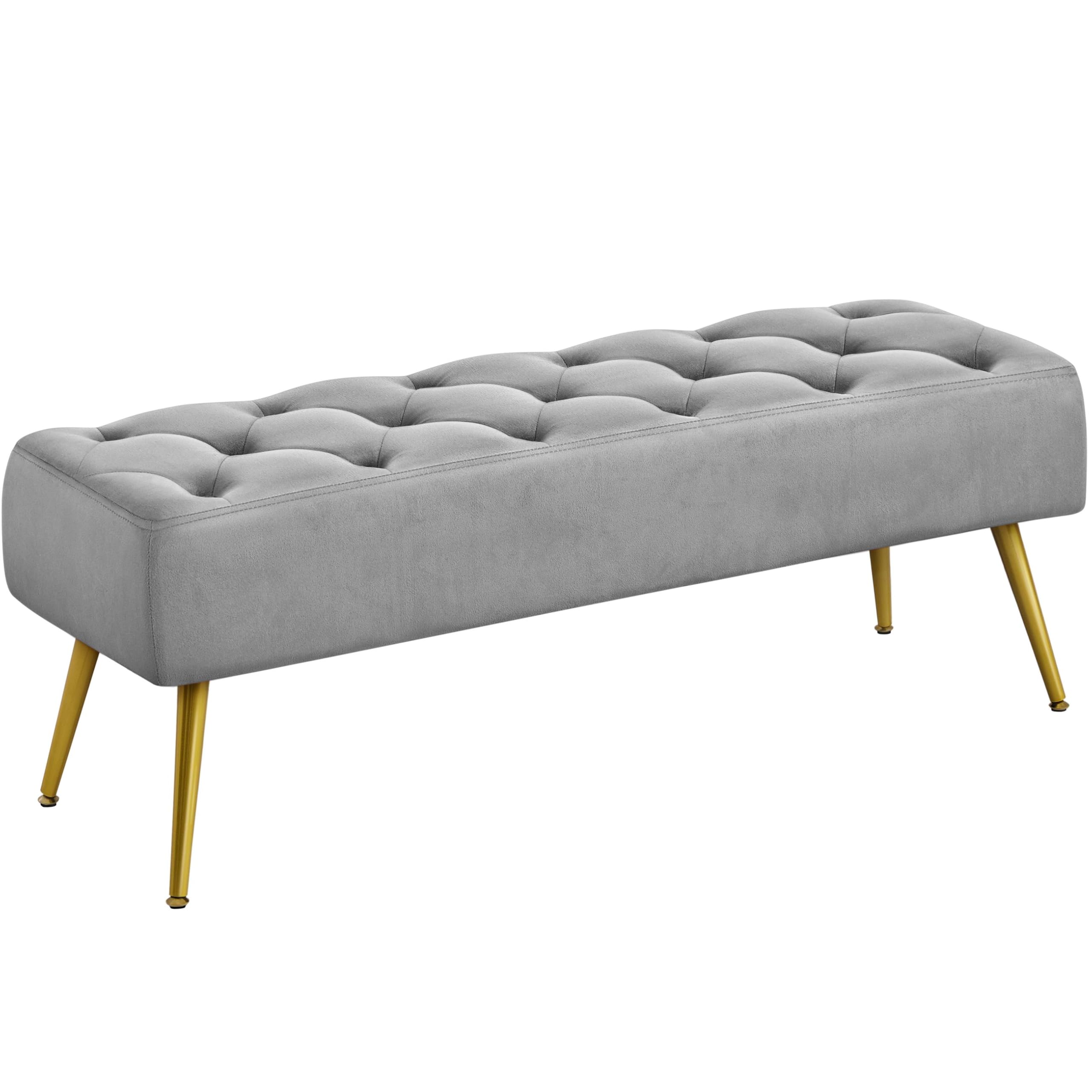 YaheetechModern Ottoman Bench Velvet Bench Upholstered Footrest with Gold Metal Legs and Padded Seat Gray