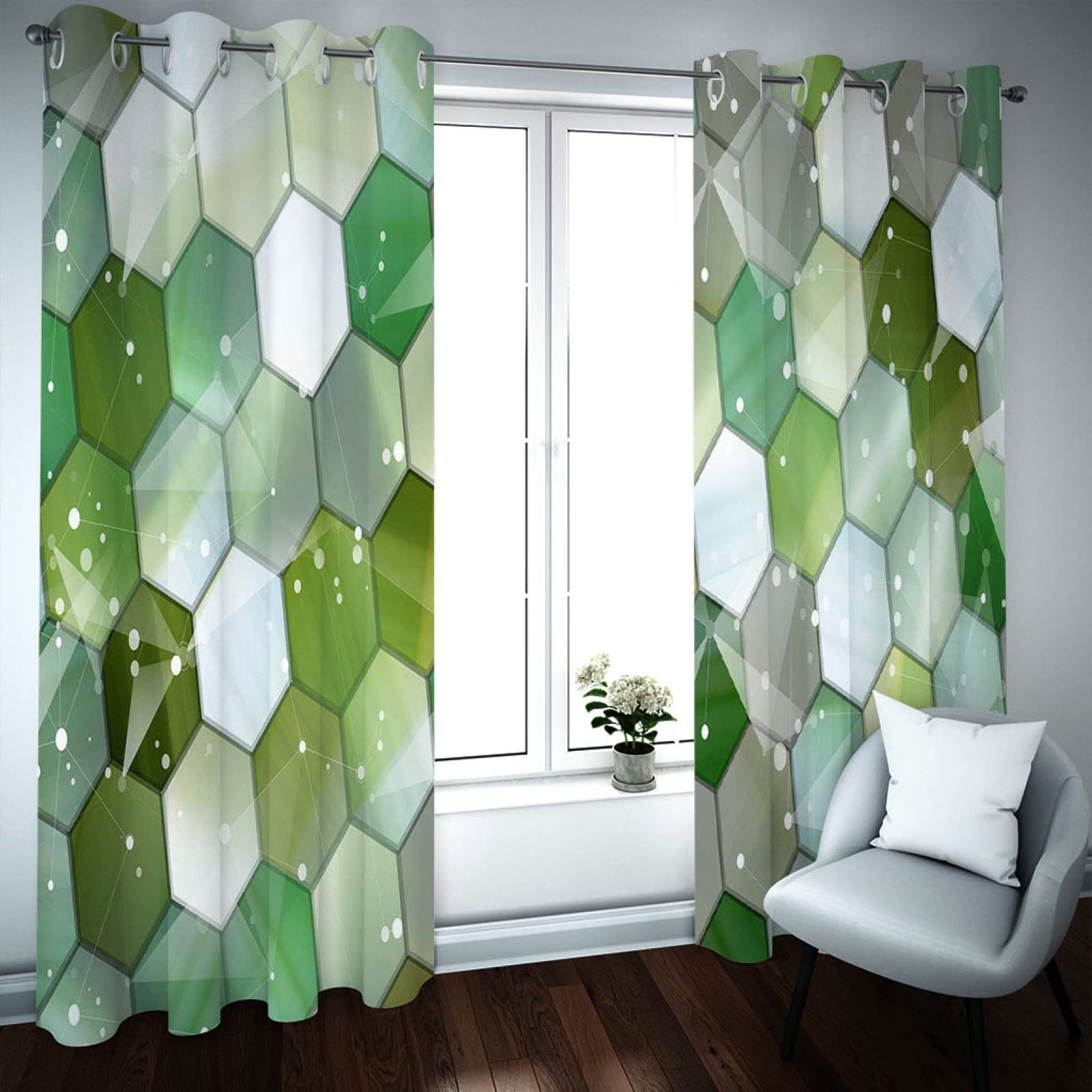 Cortinas Niño Niña Habitacion Opacas Con Ojales 2 Piezas 3D Estampado Geométrico Verde Patrón 280 X 260 Cm（An X Al）Cortinas Termicas Aislantes Frio Y Calor Salón Dormitorio Ventana Decoración Hogar