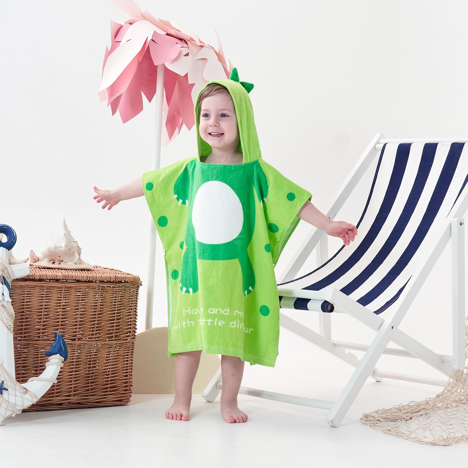 LOLANTA Children's Bath Towels with Hooded Dinosaur, Boys Beach Towel Pool Poncho Swim Cover-Ups 100% Cotton (Green#A-New,4-6 Years)
