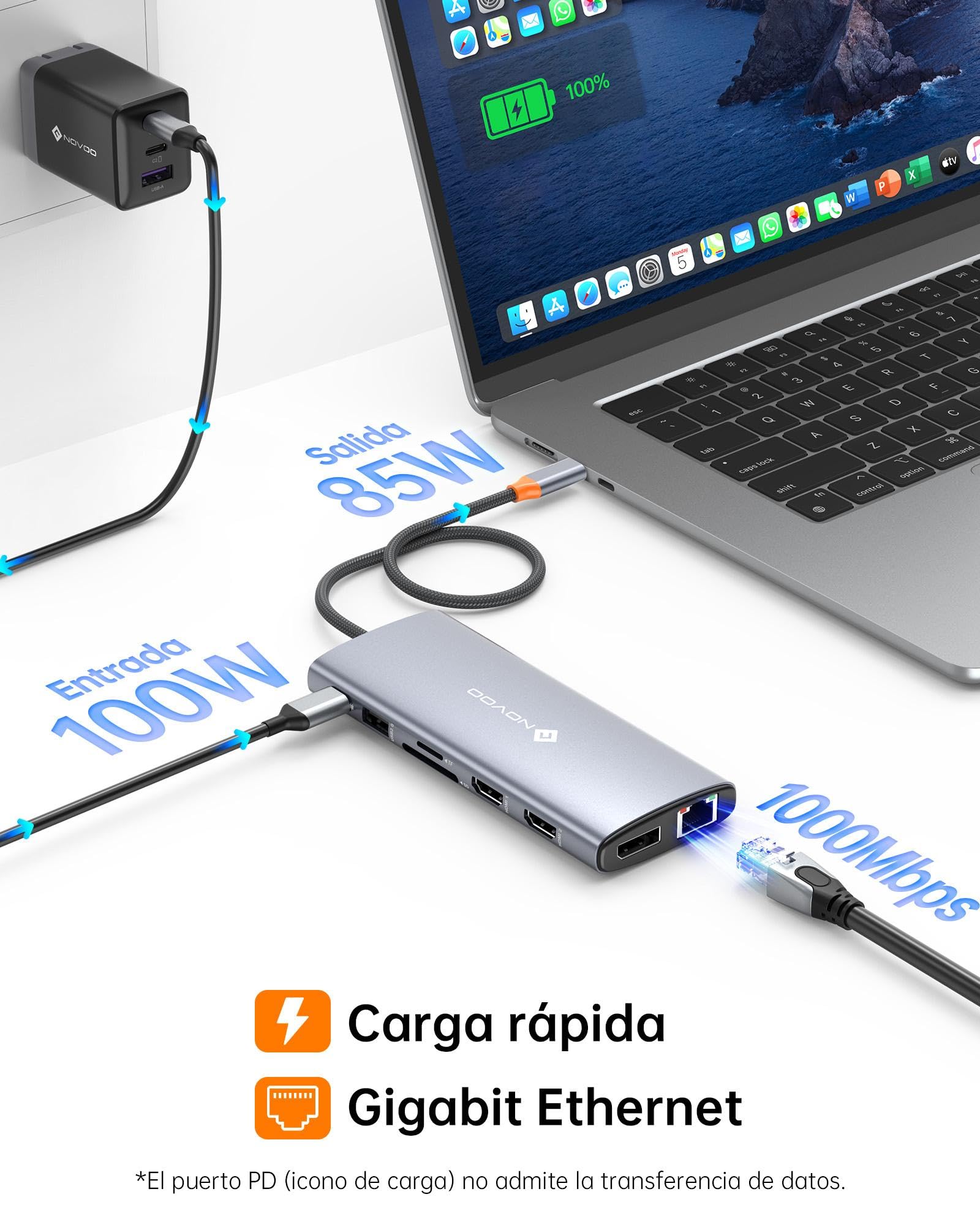 NOVOO USB C Docking Station 14-in-1 USB C Hub Triple Display con 2 HDMI 4K @ 60Hz, DisplayPort 4K @ 120Hz, 5USB-A+1USB-C Transferencia de datos Gigabit Ethernet, 100W PD, SD/TF, Audio para MacBook