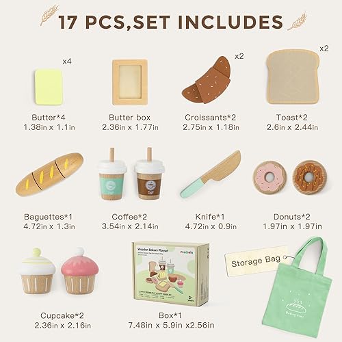 Miniatura 7 de 17 piezas de juguete de panadería de madera para niños, comida de juego de pícnic para niños pequeños de 3 años, accesorios de cocina con bolsa de