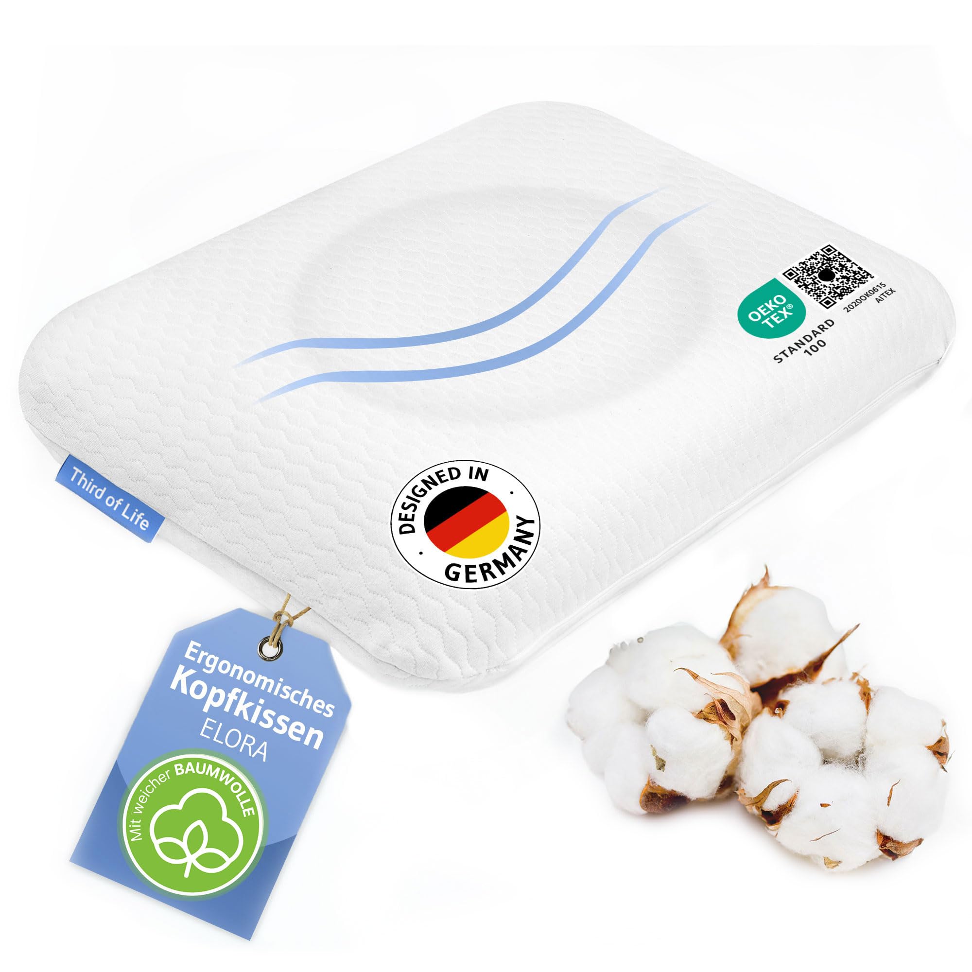Ergonomisches Memory Foam Kopfkissen, Bezug mit hochwertiger Baumwolle | Nackenstütz-Kissen ELORA von Schlafexperten entwickelt, Ideal für Rücken- & Seitenschläfer, Ökotex 100, Passt in 40x60 Bezug