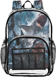 Shark Fantasy Funny Clear Backpack Heavy Duty See Through Transparent PVC BookBag for Kids Boy Girl Adult School Work 12L