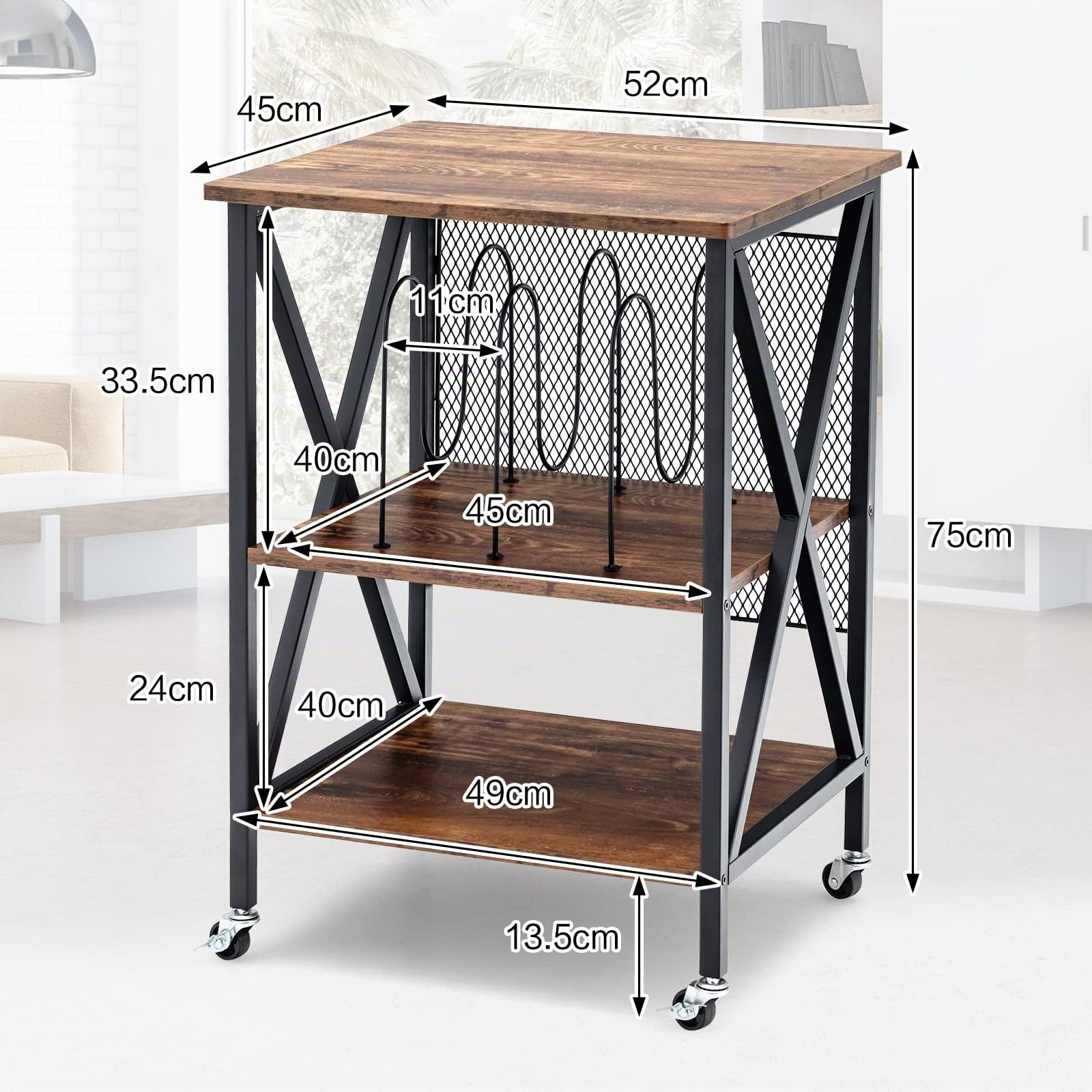LIFEZEAL Mesa Auxiliar para Tocadiscos de 3 Niveles con Ruedas | Mesa de Sofá con Estante Abierto, Base de Madera para Disco y 75 cm de Alto (sin Enchufe)