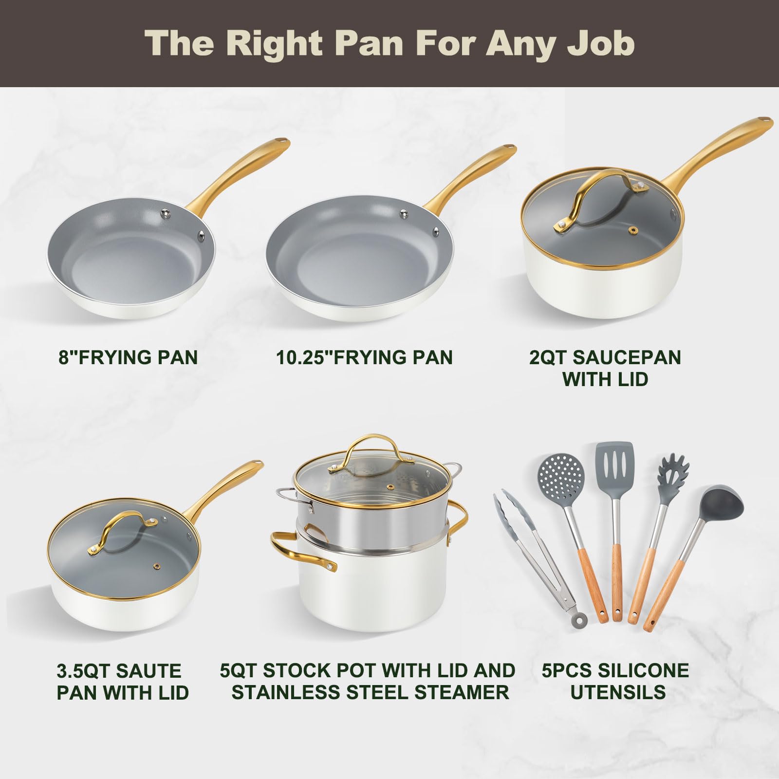 Set di pentole e padelle in ceramica, con coperchio, antiaderenti (senza PFAS, PFOA), cucina, a induzione, utilizzabile in forno, lavastoviglie, beige/bianco oro (crema, grigio, oro)