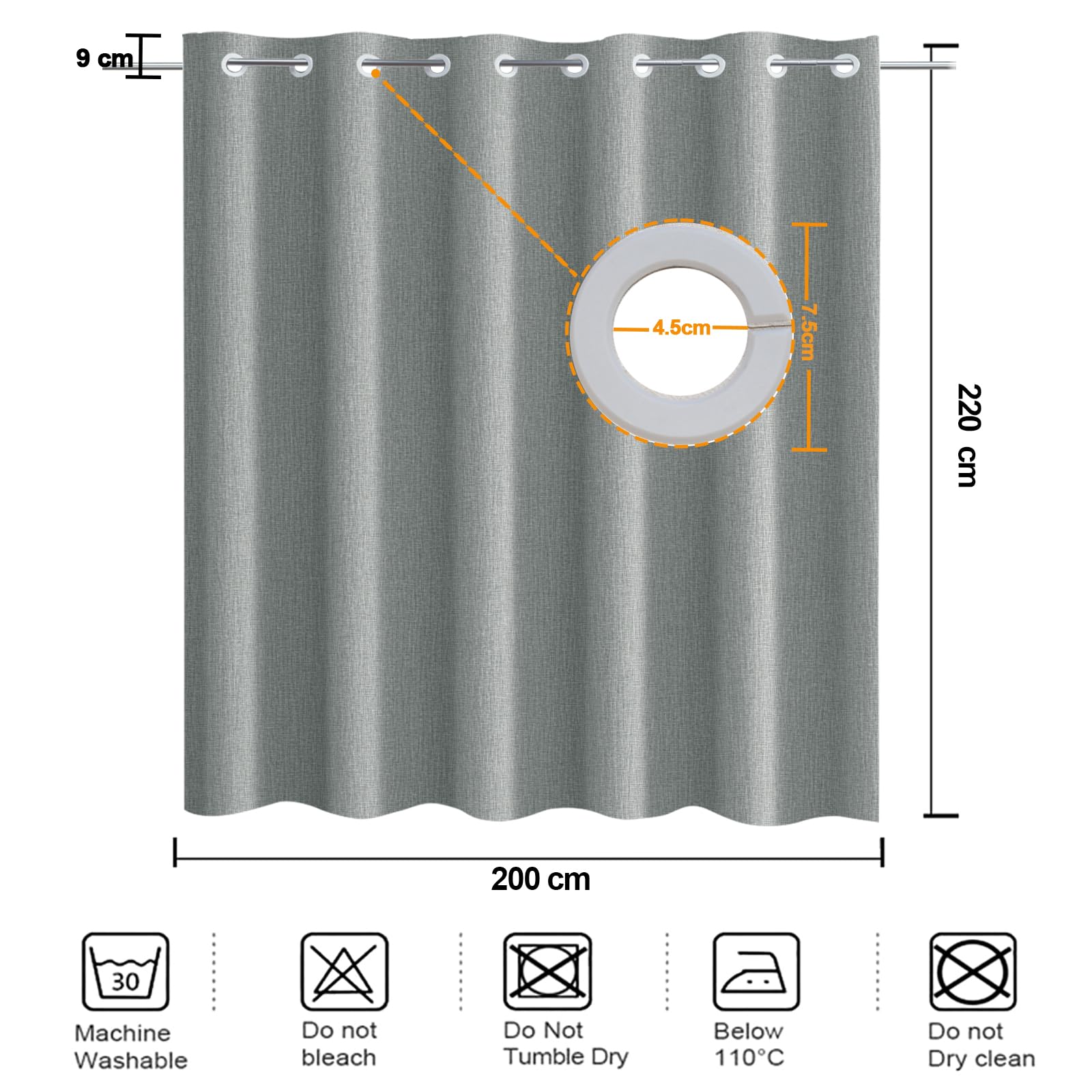 YISURE Tenda da doccia senza ganci, in lino sintetico, resistente, idrorepellente, lavabile in lavatrice, larghezza 200 x altezza 220 cm