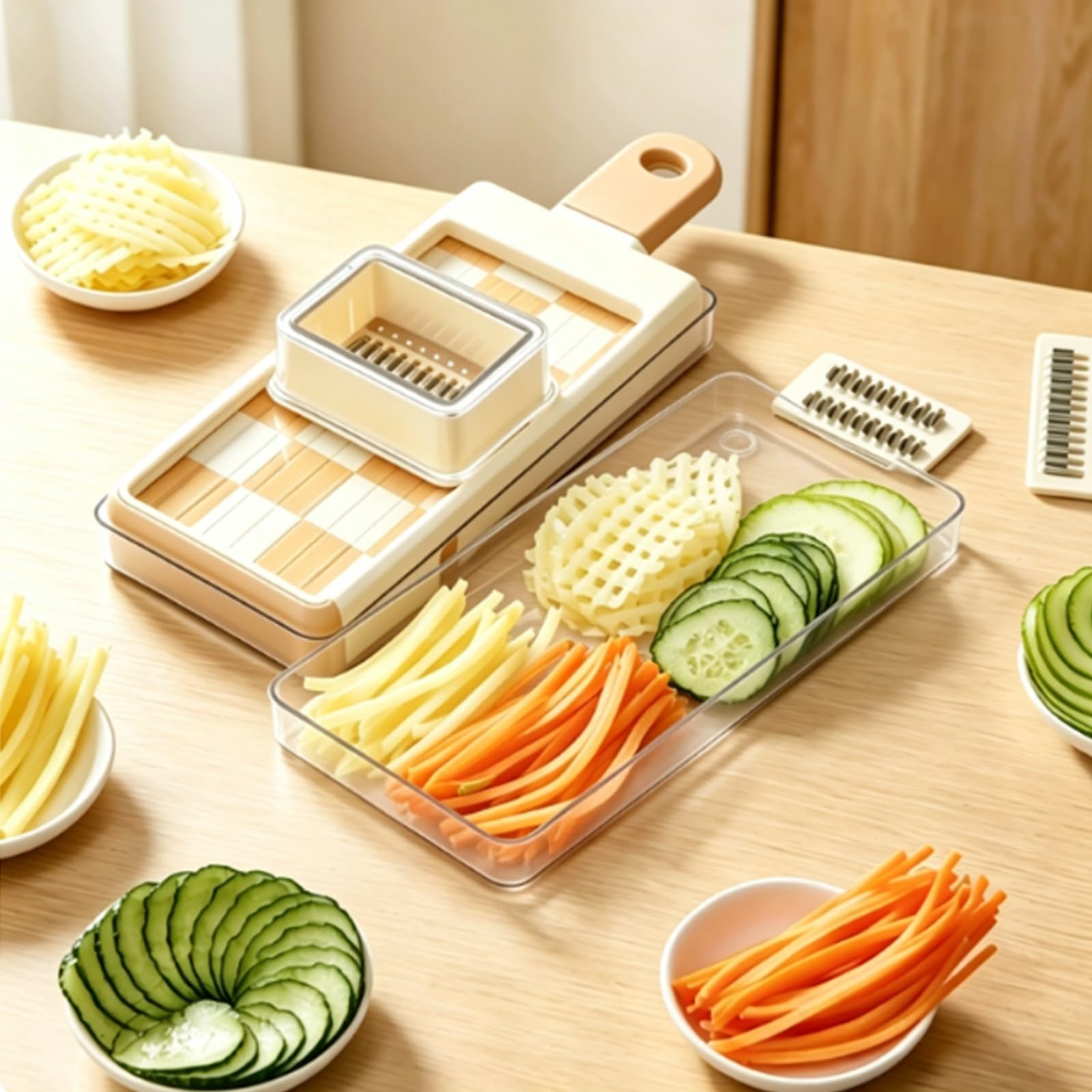 Mandolina de Cocina Profesional Cortador de Verdura, Mandolina Verduras, con 4 Cuchillas Intercambiables, Protector Manos Seguro, Base Antideslizante y Bandeja Recolectora