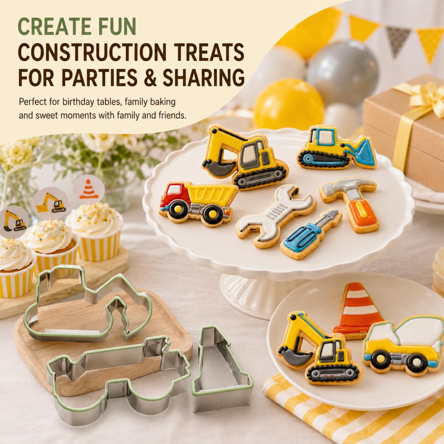 Construction Cookie Cutter Set-3 Inches-9 Piece- Excavator Digger Bulldozer Dump Truck Hammer Wrench Construction Tools Cutters Molds for Kids Construction Themed Party | Dishwasher-safe stainless steel cutters for cookies, fondant, sandwiches, construction parties and home baking treats.