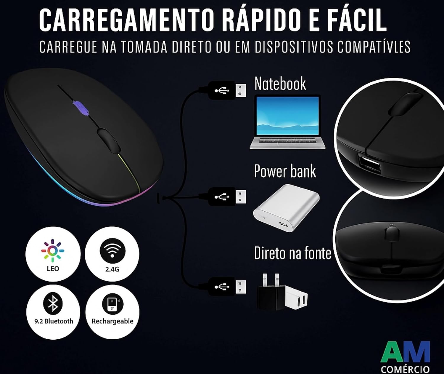 Mouse Sem Fio Ergonômico Premium – RGB, Bluetooth 5.0 e 2.4GHz, Recarregável, Silencioso e Preciso para Trabalho e Jogos - Preto