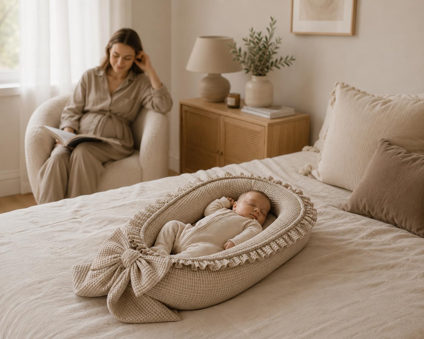 Babynestchen Neugeborene mit Rüschen – Babynest aus Waffelpique Baumwolle – Nestchen Baby für Babybett & Kinderbett – Babykokon Tragbar – OEKO-TEX zertifiziert - Sand