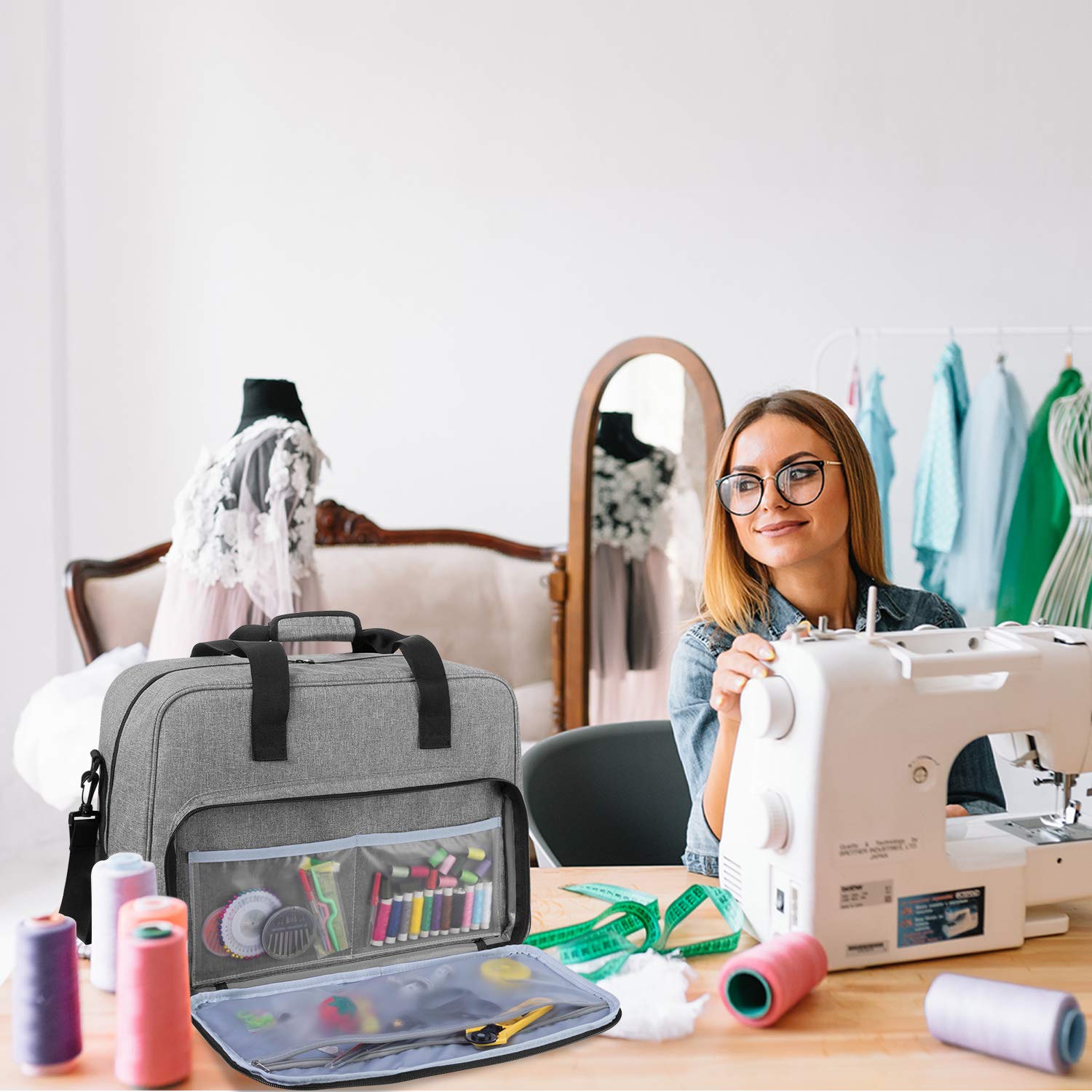 Yarwo Maletas de Transporte para Máquinas de Coser, Bolsa para Máquina de Coser Adecuado para la mayoría de Las máquinas de Coser universales, con Acolchado y Fondo Antideslizante, Gris