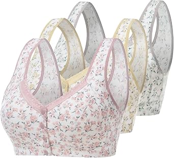 3Pack Women Front Button Closeure Soft Cotton Bra, Woman Comfort Floral Wirefree Sleep Gift Bra