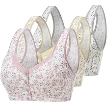 3Pack Women Front Button Closeure Soft Cotton Bra, Woman Comfort Floral Wirefree Sleep Gift Bra