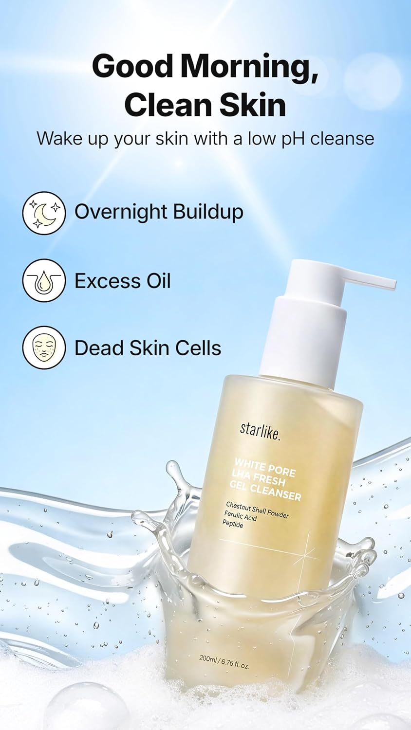 starlike White Pore LHA Fresh Gel Cleanser | Gel-to-Foam Cleanser with LHA & Grain Powder | Helps Reduce Whitehead Buildup | Makeup-Ready Skin | No Harsh Scrubbing | Korean Face Wash | 6.76 Fl oz