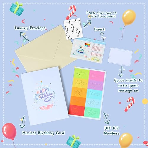 Miniatura 5 de Tarjeta de cumpleaños musical 3D, vela de luz LED soplable, tarjetas emergentes de cumpleaños 3D con números de bricolaje 0-9, vela de luz LED