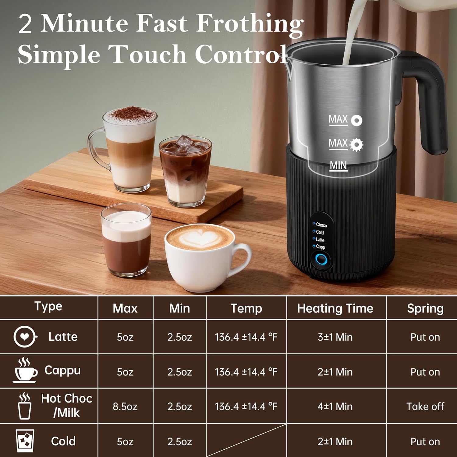Electric Milk Frother and Steamer, 4-in-1 Instant Milk Steamer for Coffee, Latte, Cappuccino, Hot Chocolate, Automatic Hot & Cold Milk Foamer, Stainless Steel Detachable Cup, Quiet, Dishwasher Safe