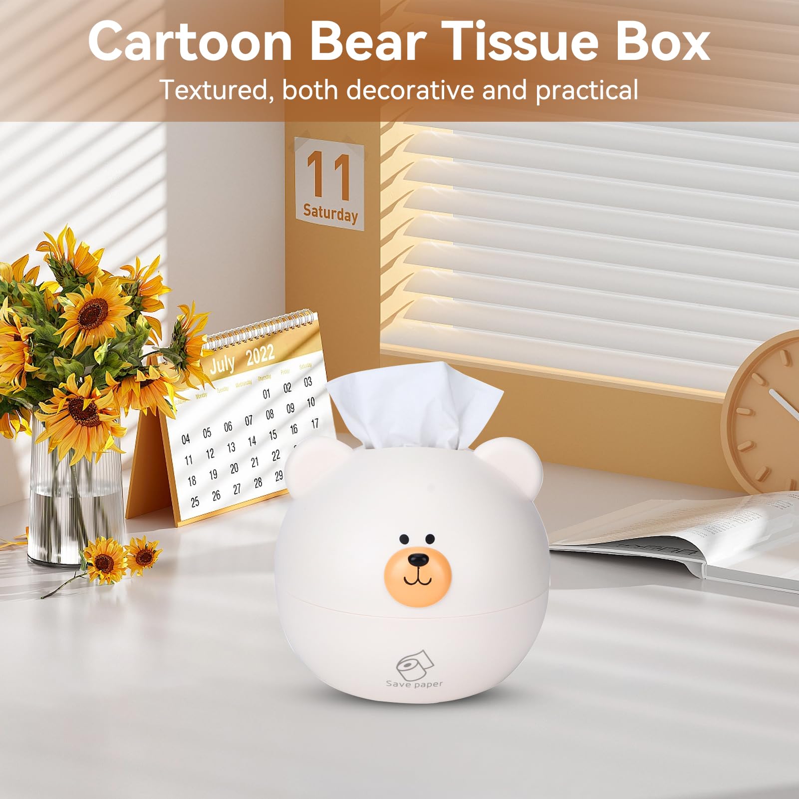 Agatige Cute Tissue Box Cover, Cartoon Bear Square Paper Tissue Holder Facial Tissue Dispenser Organizer for Kids, Living Room, Bathroom Decor, Tv Stand, Car, Office(White)