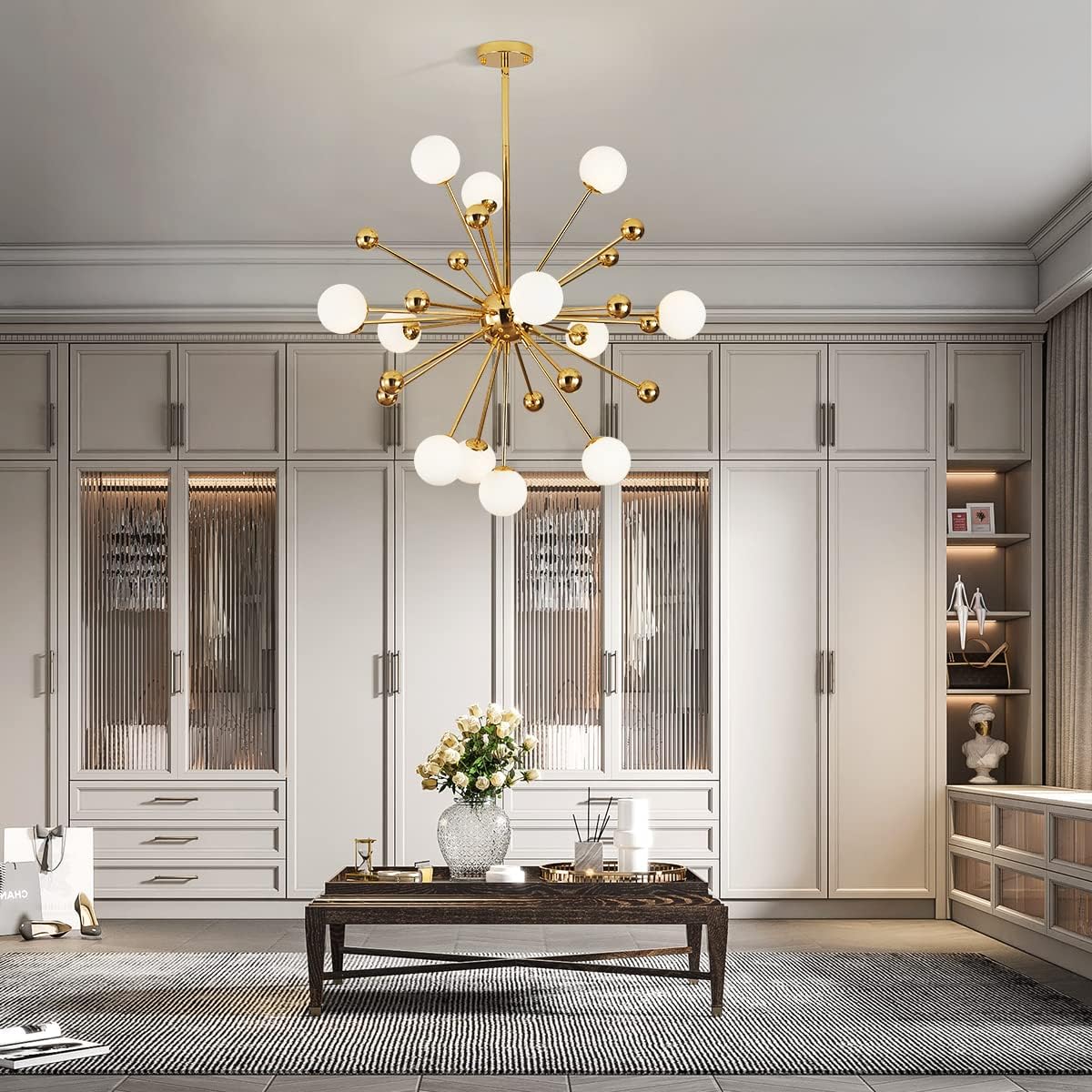 BOKT Modern Gold 12-Lights Sputnik Chandelier Mid Century Starburst Chandelier White Globe Glass Chandelier Brass Dining Light Fixture Large Kitchen Island Pendant Lighting (12-Lights)