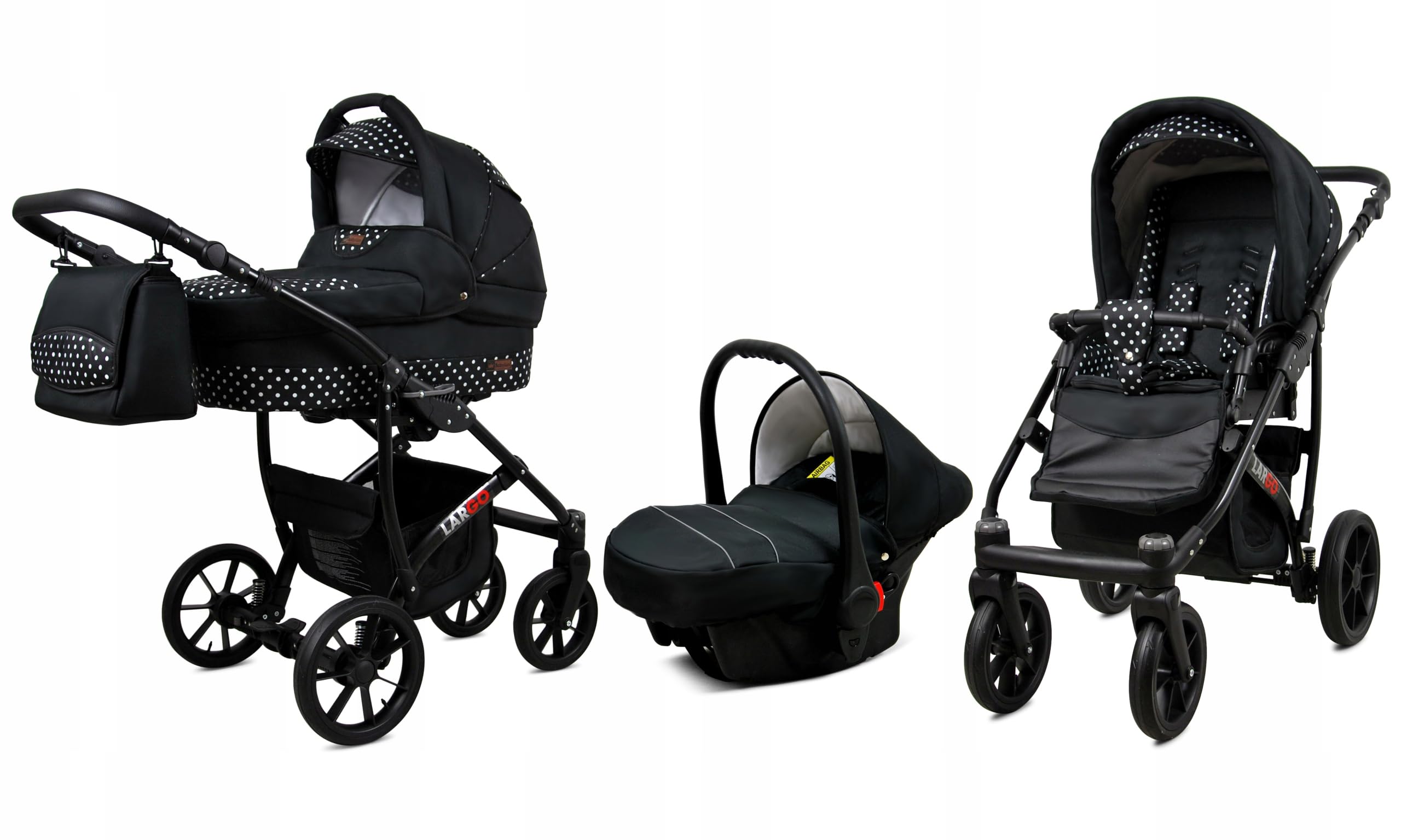 BabyLux Zestaw wózków dziecięcych 3 w 1 – Largo – w zestawie wanienka dla niemowląt, fotelik sportowy, fotelik samochodowy – zestaw wózków dziecięcych z torbą do przewijania, osłoną przeciwdeszczową