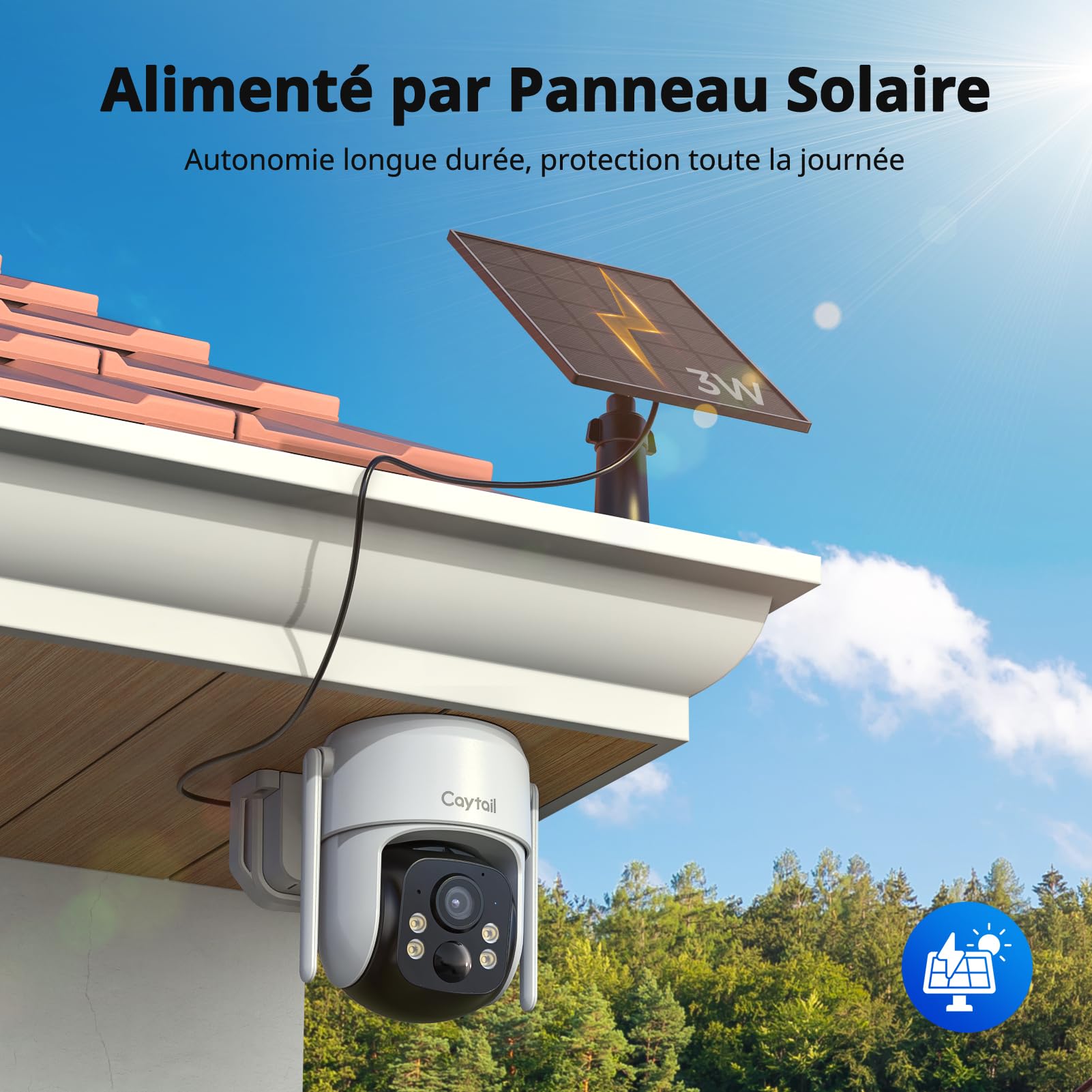 2K Camera Surveillance WiFi Exterieure sans Fil avec Panneau Solaire, 360° PTZ Camera Exterieur Batterie, 2.4Ghz, PIR Détection de Mouvement, Vision Nocturne Couleur, Audio Bidirectionnel