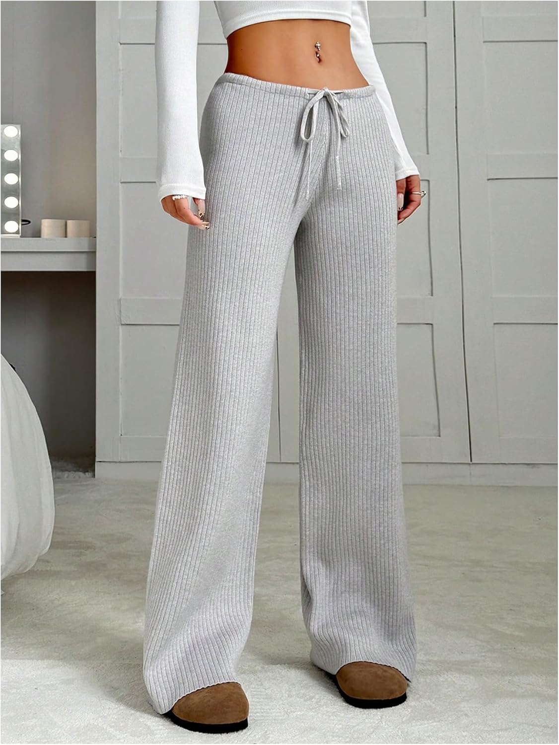 SHENHE Women's Ribbed Pants Wide Leg Low Rise Comfy Casual Drawstring Lounge Travel Pants - Image 2