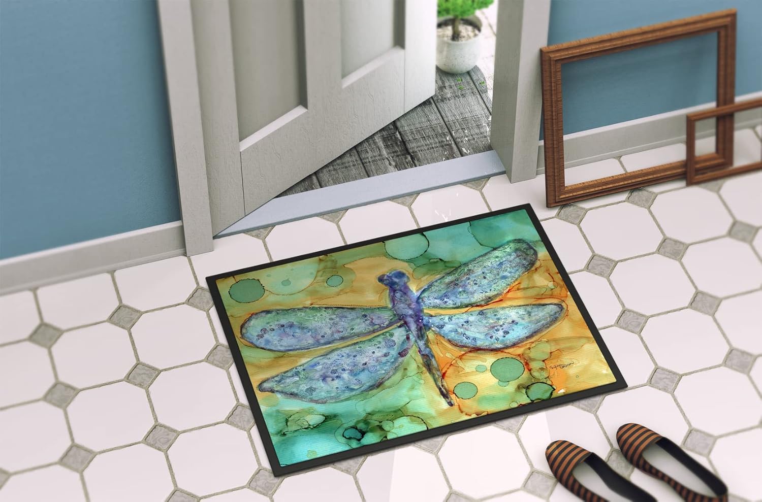 Caroline's Treasures 8967JMAT Abstract Dragonfly Doormat 24x36 Front Door Mat Indoor Outdoor Rugs for Entryway, Non Slip Washable Low Pile, 24H X 36W