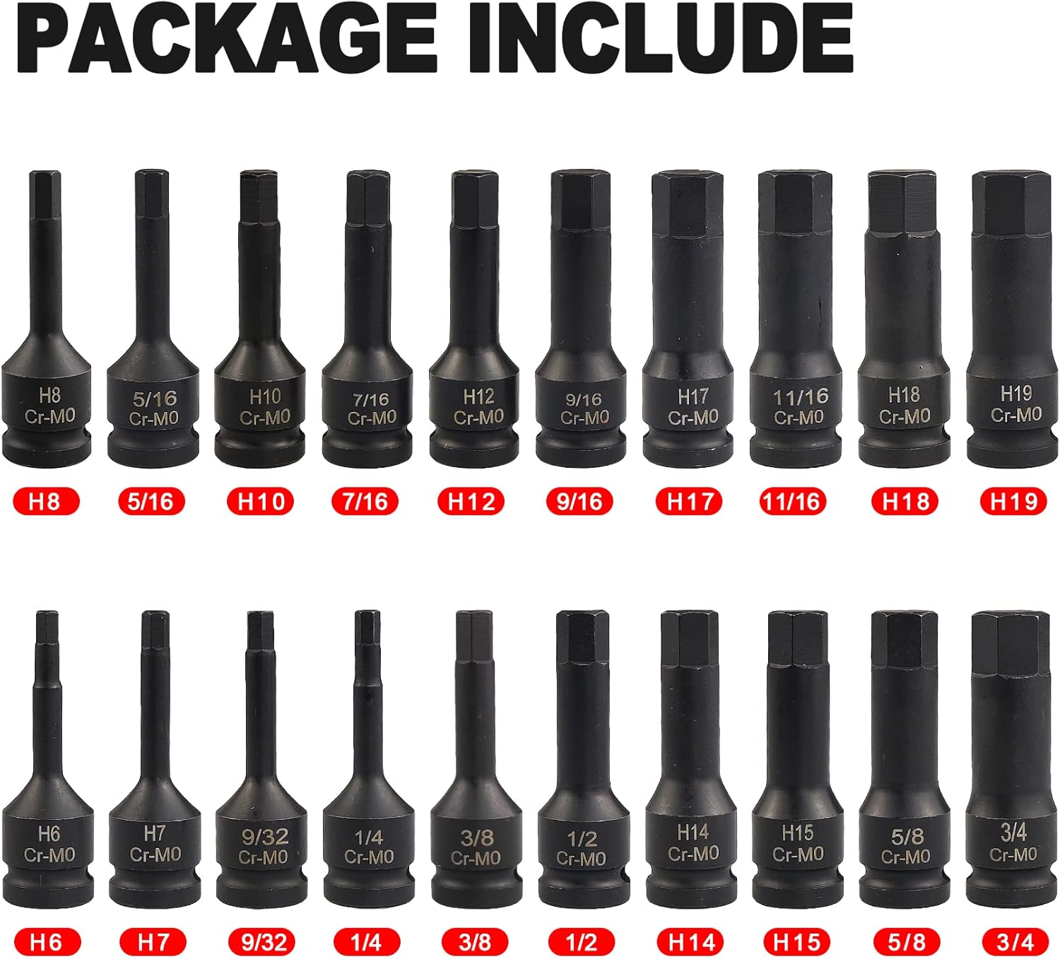 SEKETMAN 20Pcs 1/2" Drive Master Impact Hex Bit Set，Allen Bit Socket Set，1/4" - 3/4", 6mm - 19mm，SAE/Metric， Cr-Mo