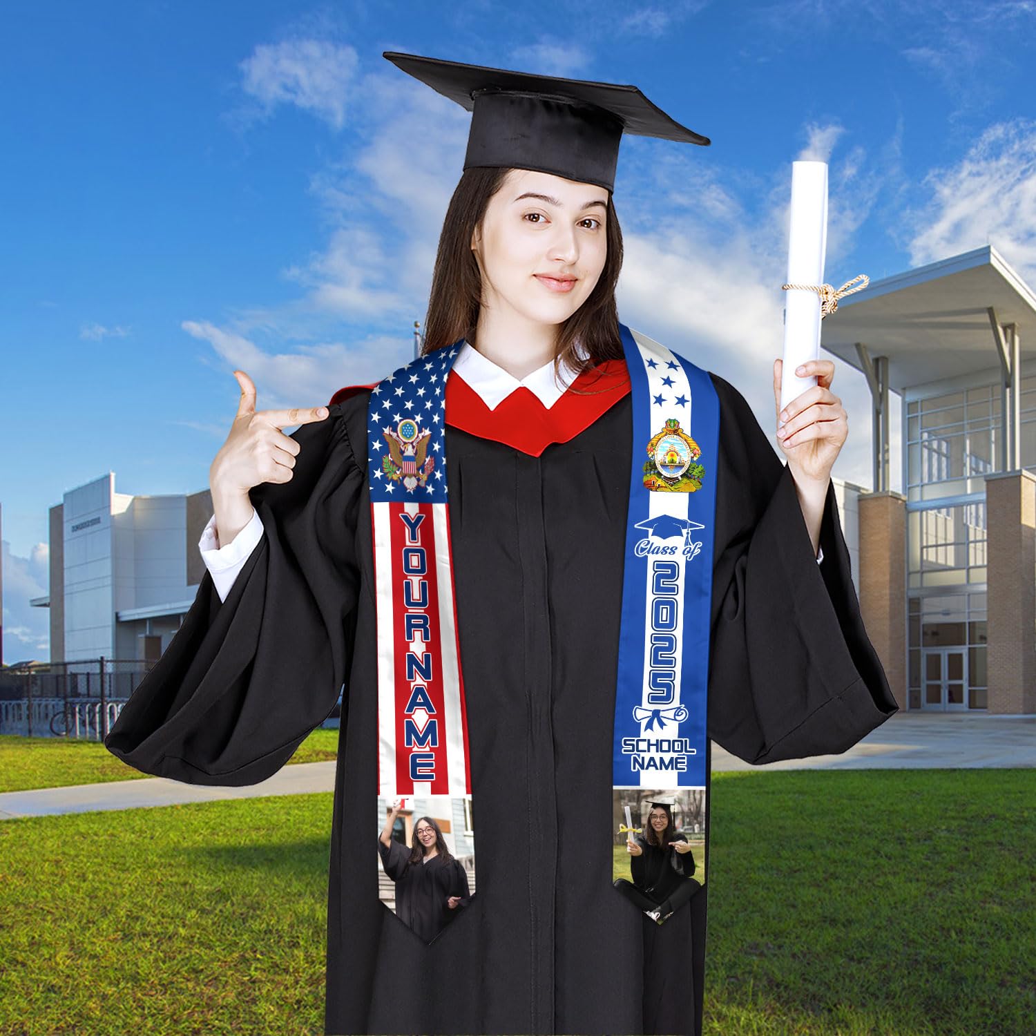 MonkeyVan Personalized Honduran Graduation Stole 2025, Honduras Flag Graduation Sash, Honduran American Flag Grad Stole 2025 Hdr 2