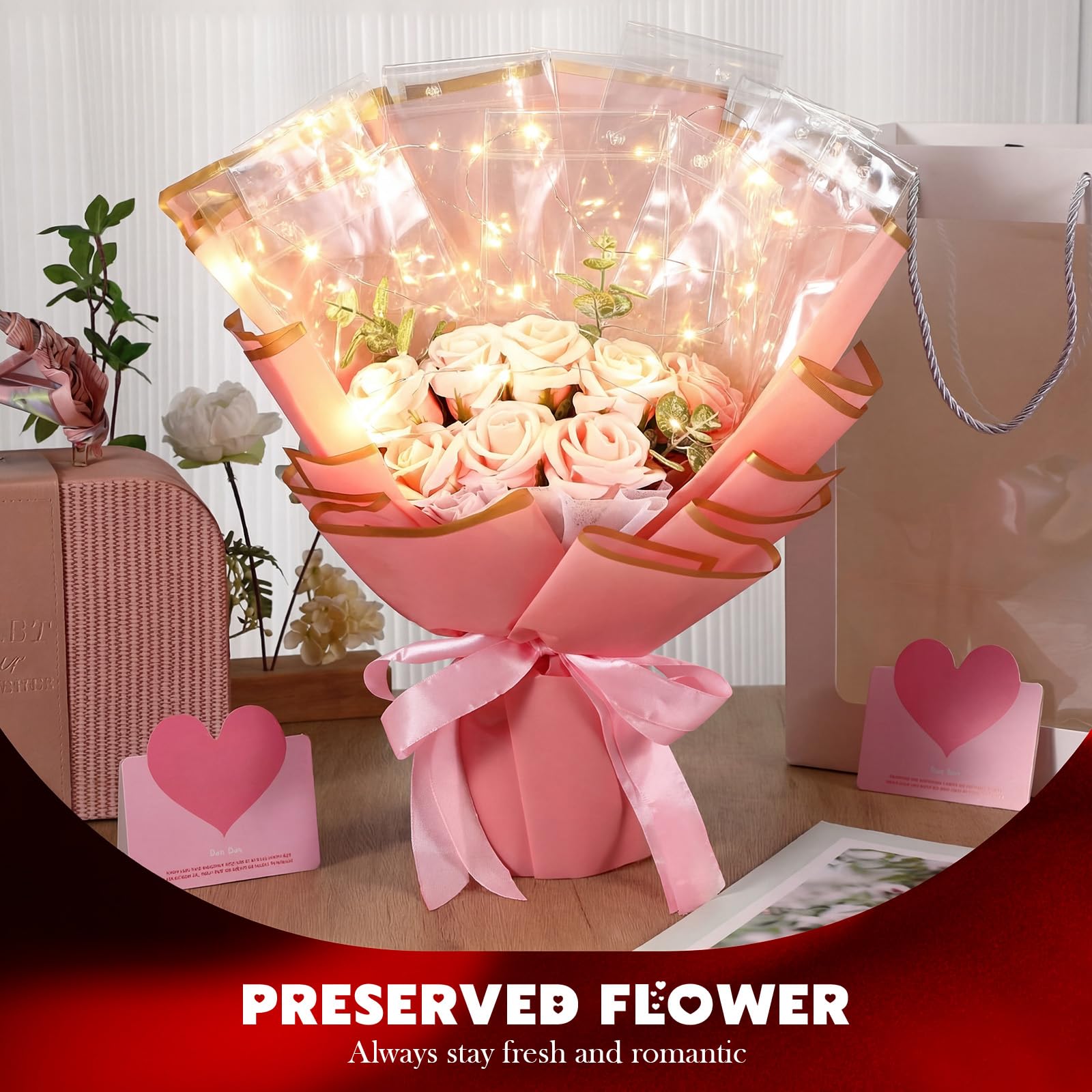 Zeyune Zestaw bukietów pieniędzy z pudełkiem prezentowym i sznurkiem świetlnym LED, sztuczny bukiet kwiatów róży, dla kobiet, mężczyzn, na urodziny, rocznicę, ślub, Święto Dziękczynienia, Boże