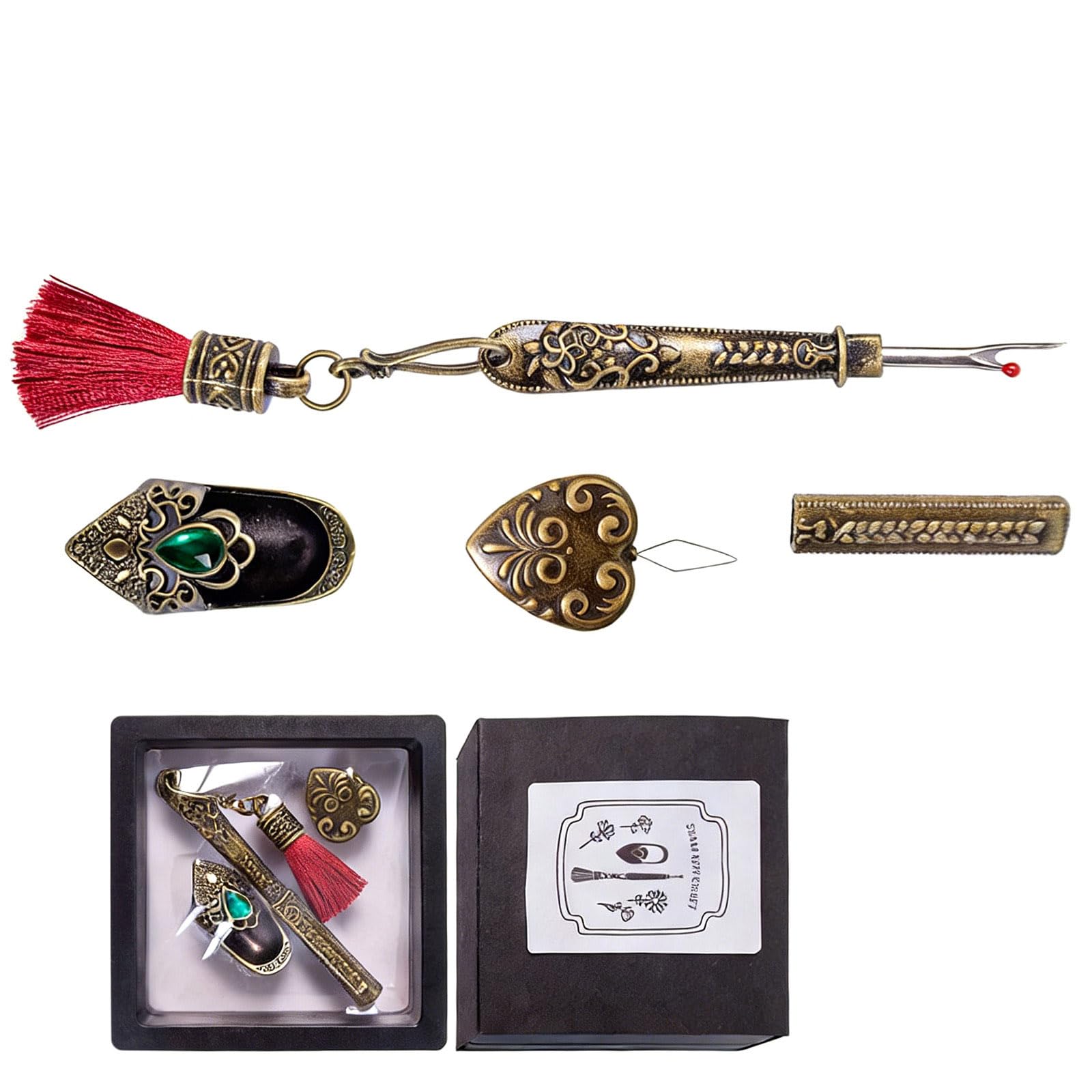Kalttoy Retro Metal Seam Unpicker with Needle Threader and Thimble Finger Cover for Sewing Clothing Repair Tailoring Bronze Joint Cutter with Needle Owner
