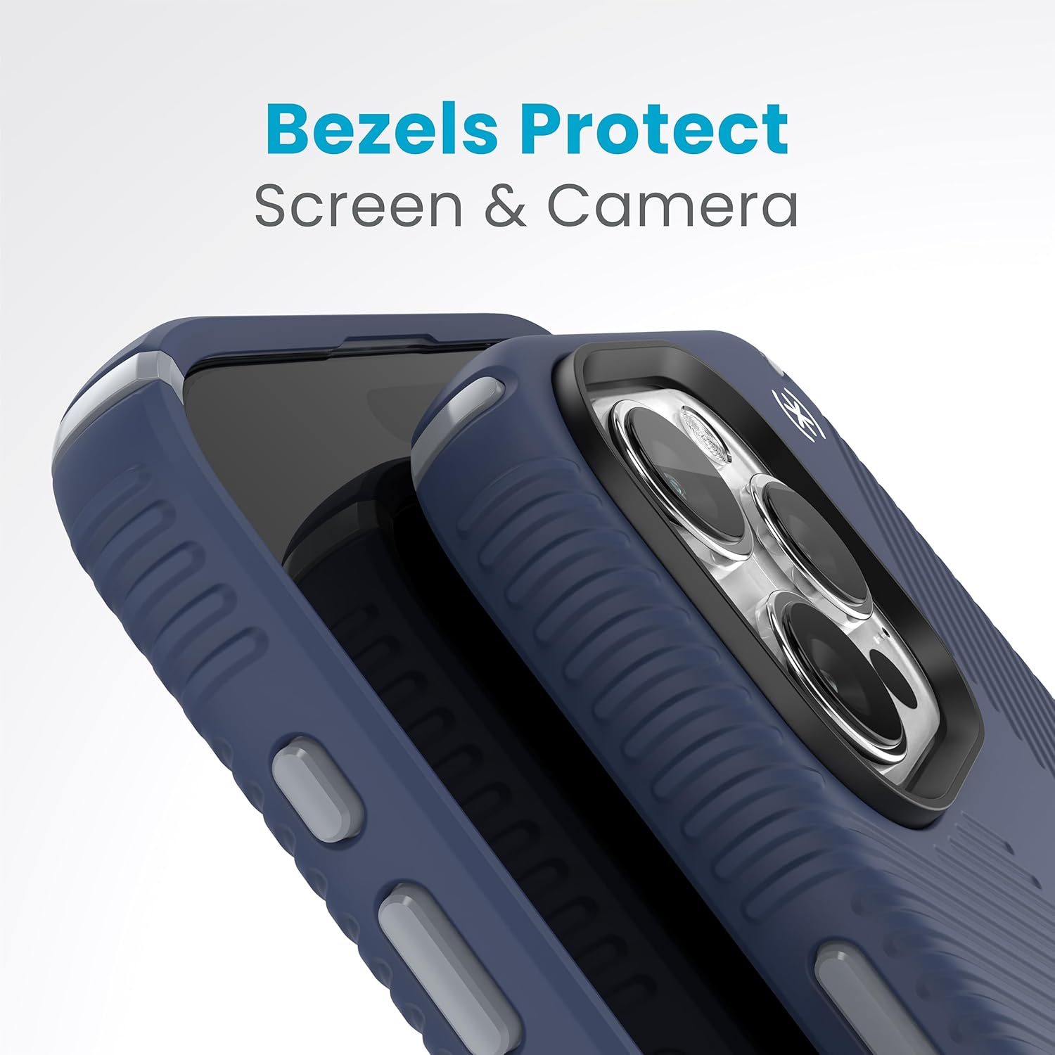 Speck iPhone 15 Pro Max Case - ClickLock No-Slip Interlock, Built for MagSafe, Drop Protection Grip - Scratch Resistant, Soft Touch, 6.7 Inch Phone Case - Presidio2 Grip Coastal Blue/Dust Grey/White