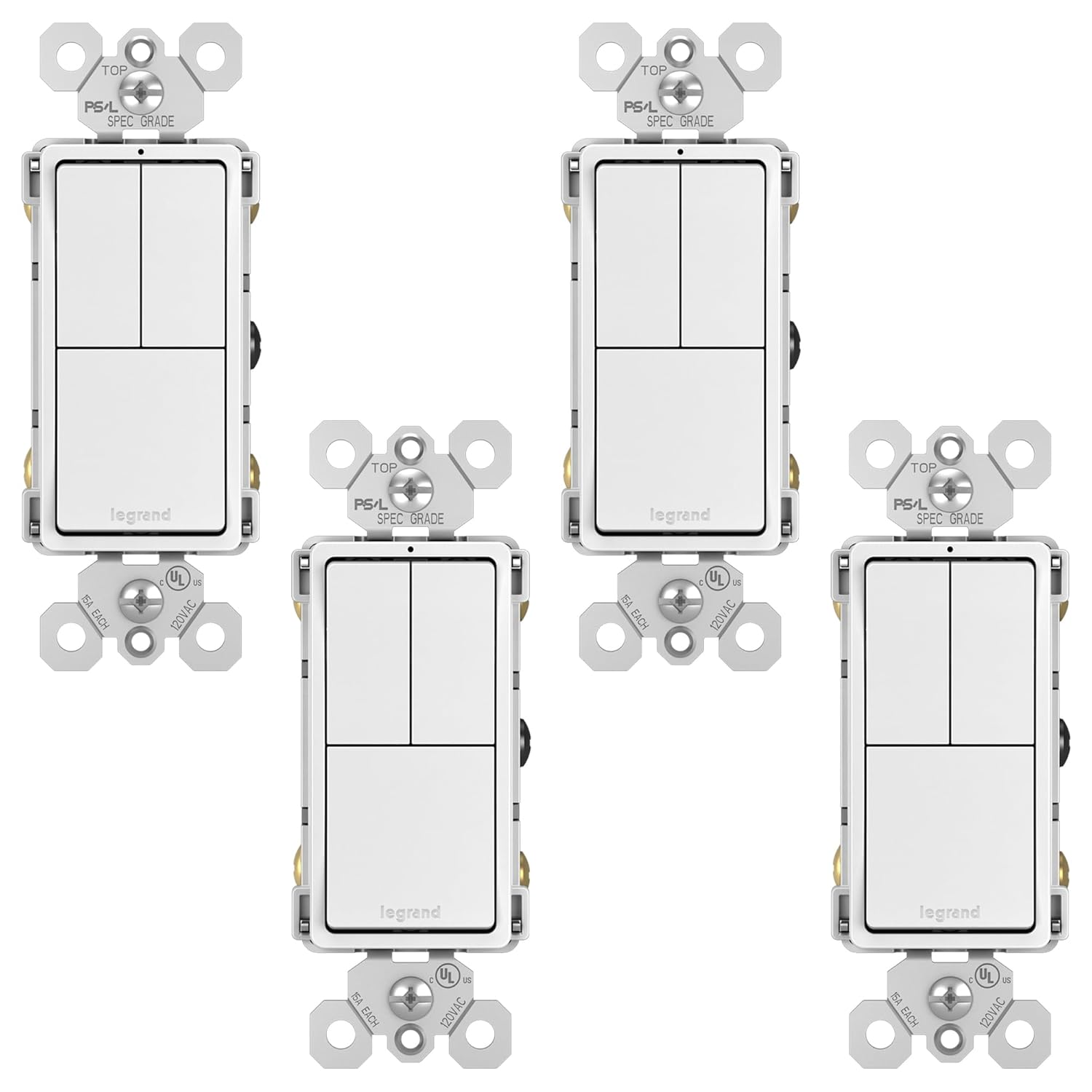 Legrand Radiant RCD113WCC6 15 Amp Combination 3-in-1 Decorator Rocker Light Switch, Two Single Pole Switches and One 3-Way Switch, White (4 Pack)