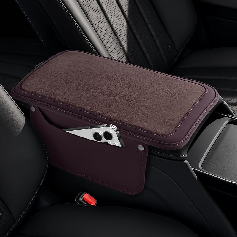 Capa de couro para apoio de braço do console central SINGARO com bolsos de armazenamento – Marrom