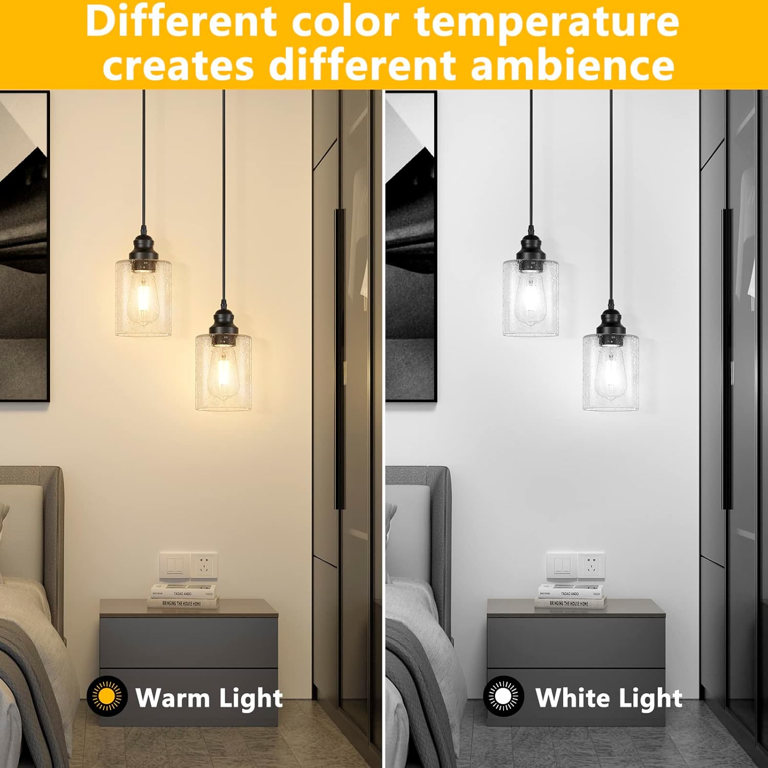 Licperron Modern Pendant Light Fixtures 3 Pack, Adjustable Hanging Ceiling Lamp with Seeded Glass Shade, Farmhouse Black Pendant Lighting for Kitchen Island, Dining Room, Bedroom, Hallway - 