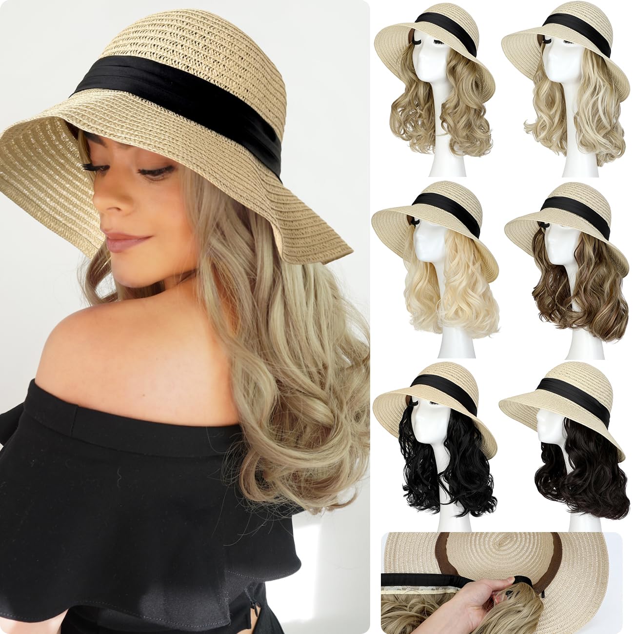 Qlenkay Straw Sun Hat with 10in Synthetic Hair Extension Short Wavy Curly Wig Wide Brim Women Adjustable Cap Detachable Hairpiece for Summer Travel