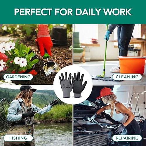 Miniatura 4 de Guantes de trabajo con revestimiento de poliuretano, 12 pares, guantes de jardín finos para hombres y mujeres, ideales para trabajo ligero
