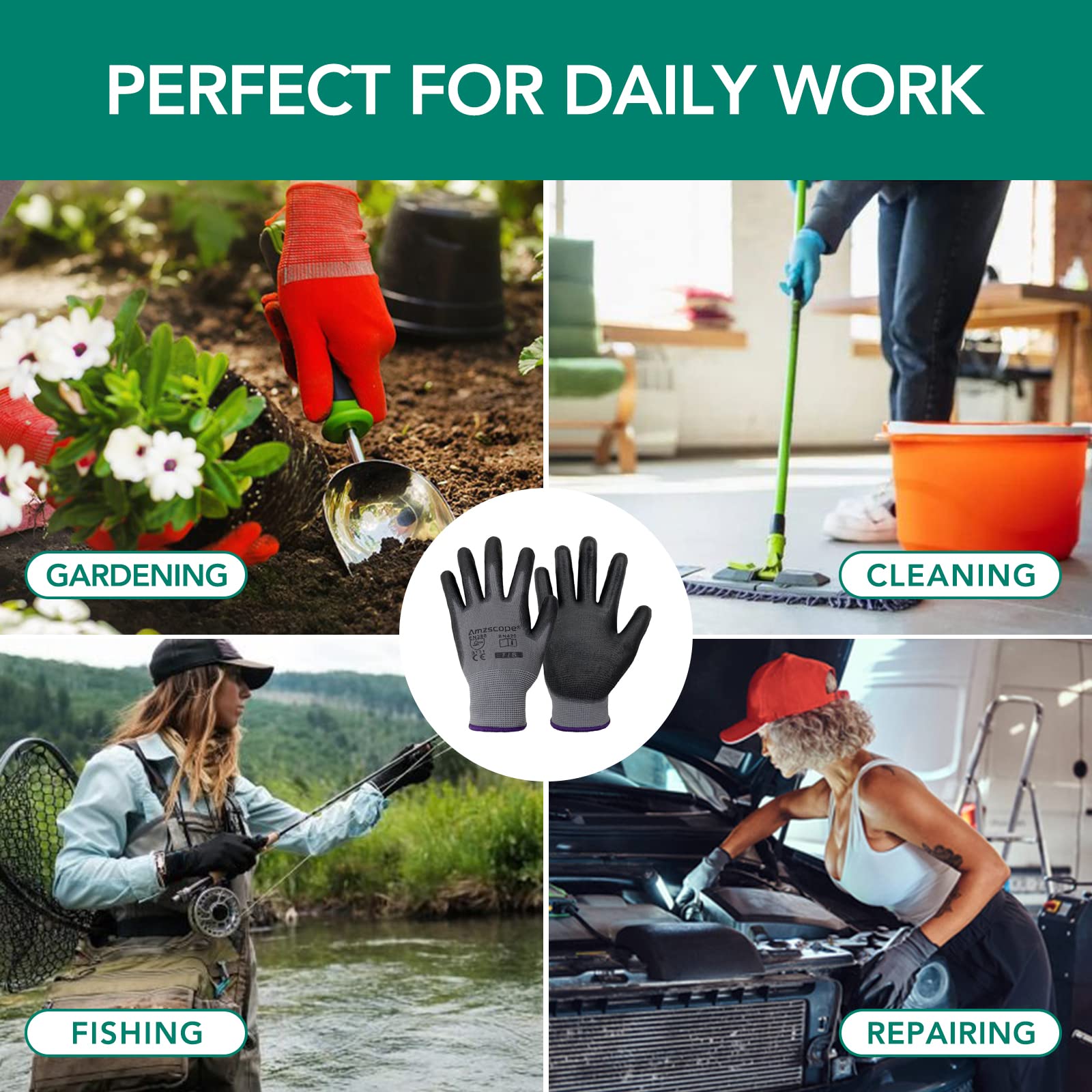 Guantes de trabajo, paquete de 12 pares, para hombres y mujeres, con agarre de revestimiento de poliuretano, guantes de jardinería ligeros, guantes mecánicos delgados, guantes de trabajo de