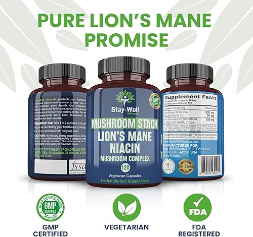 Miniatura 4 de Cápsulas de suplemento de hongo de melena de león con niacina  Cápsulas complejas de hongos, con hongos de cola de pavo, hongo Chaga y extracto de