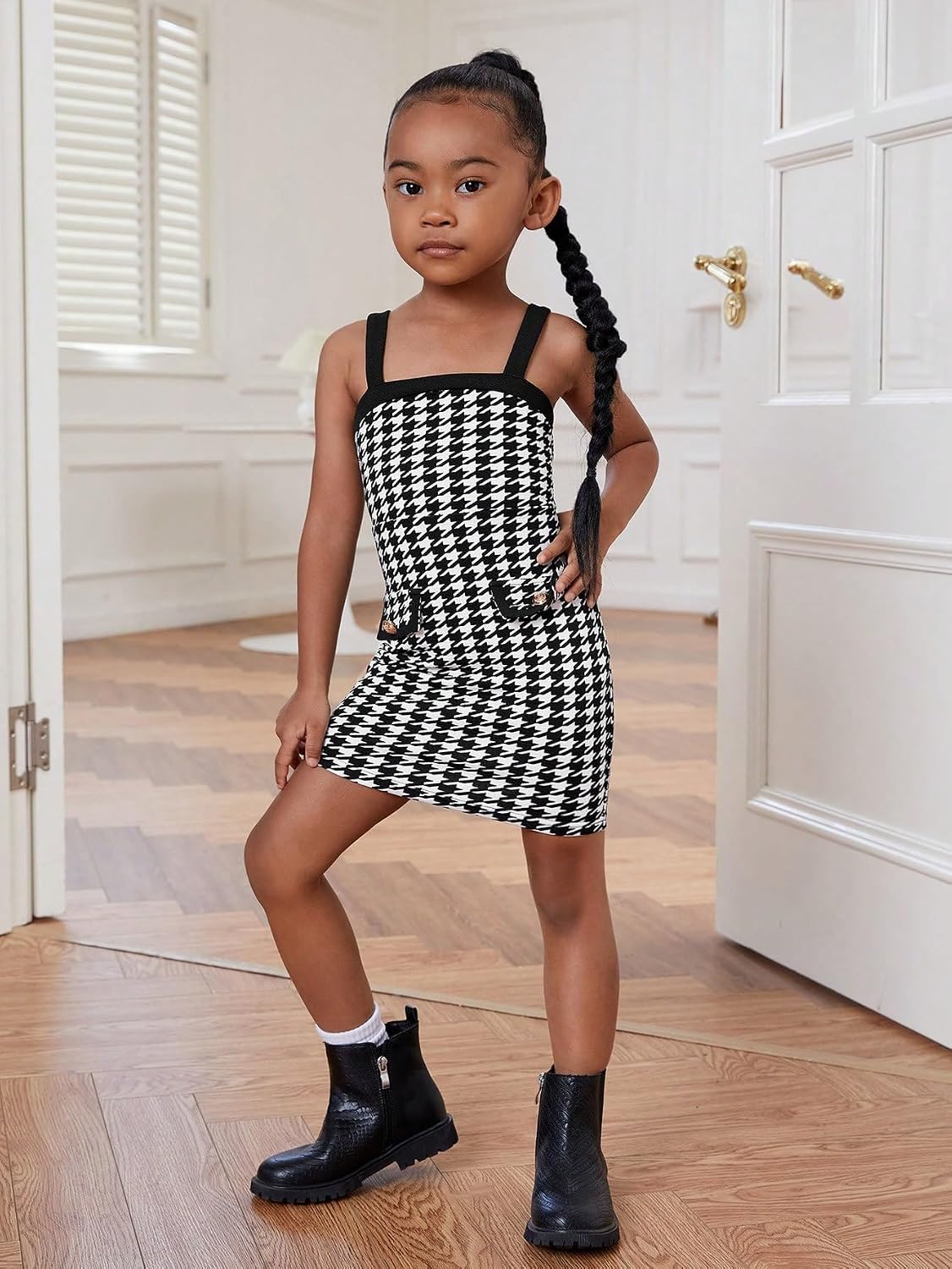 WDIRARA Girl's 2 Piece Outfits Houndstooth Print Double Button Long Sleeve Jacket and Cami Dress Set
