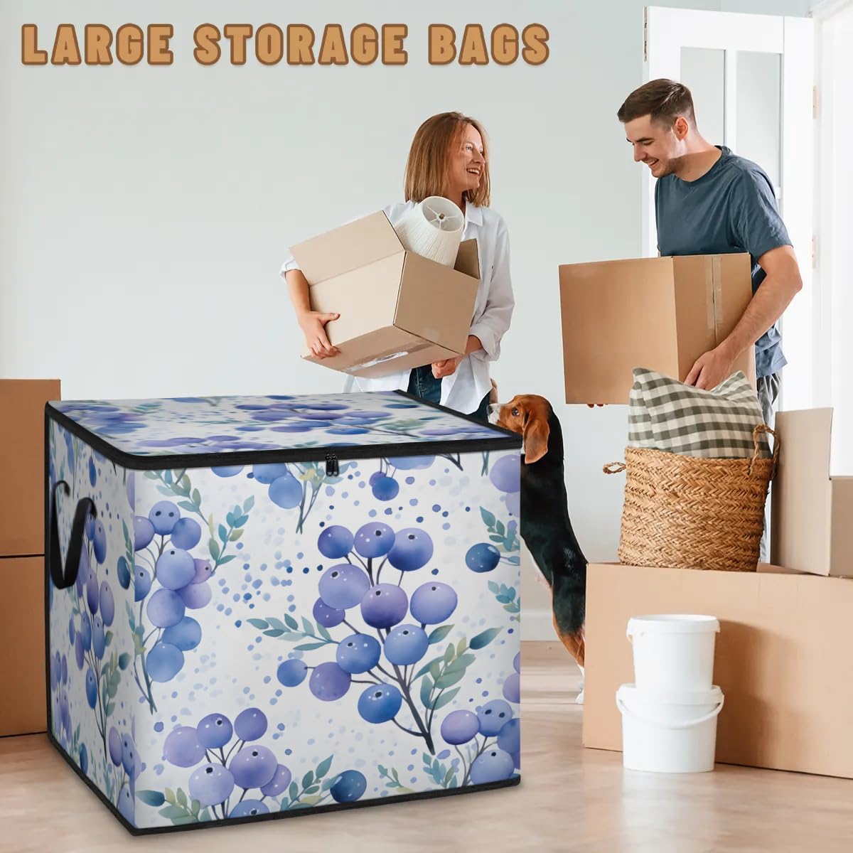 Honeybaby 214L Extra Large Comforter Storage Bag Blueberry Leaves Watercolor Storage Totes with Lids Waterproof Closet Organizer Folding Blanket Storage Bags for Clothes Bedding Pillows