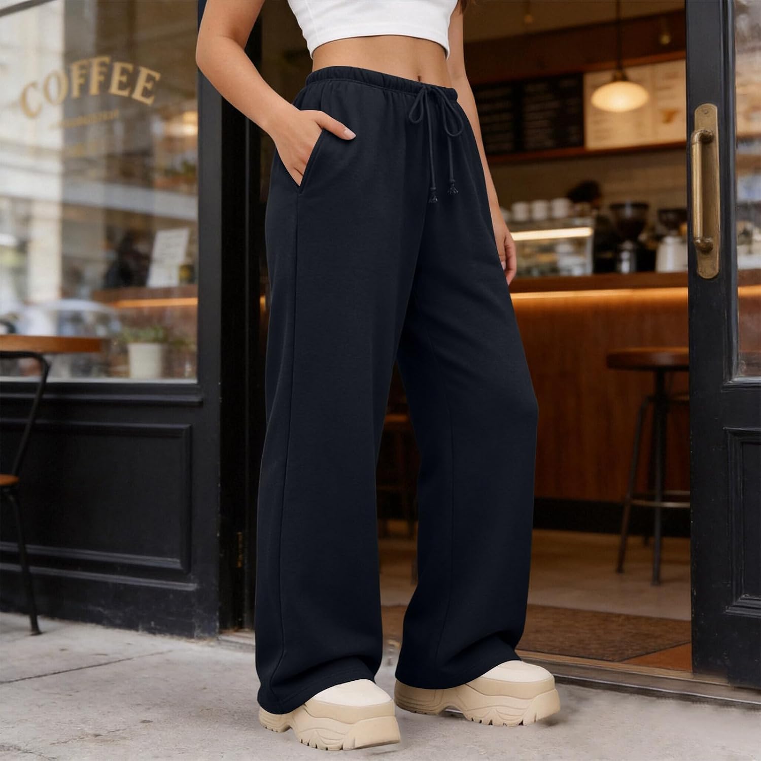Women's Wide Leg Sweatpants Casual High Waist Workout Loose Fit Fashion Outfits Summer Fall Solid Drawstring Pants
