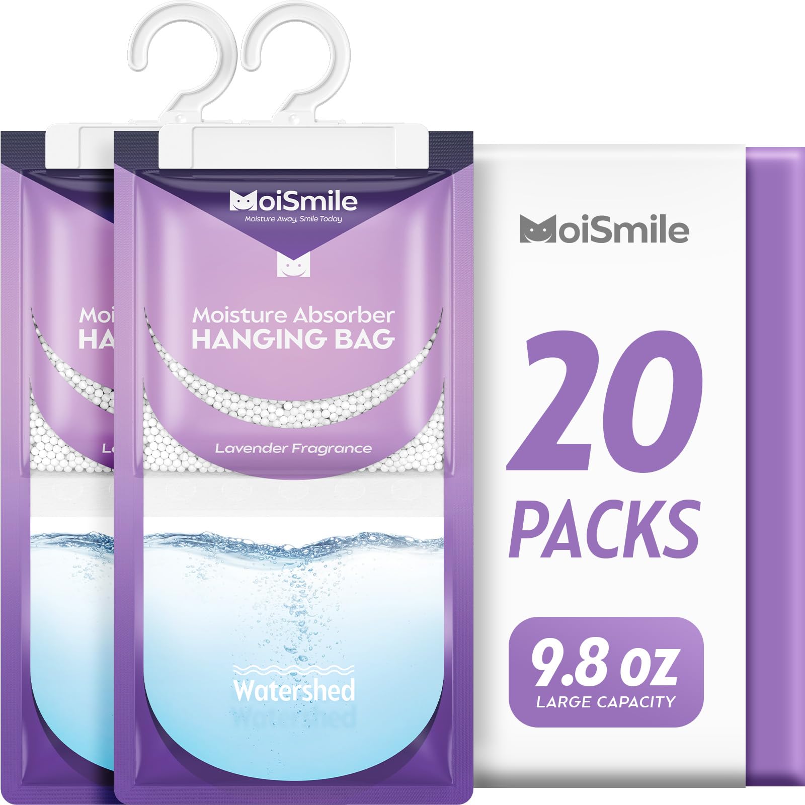 Moisture Absorbers 20 Pack Lavender Fragrance, Hanging Closet Dehumidifier Bags, Humidity Absorber, Compact Eliminates Odors Humidity Packs for Car, Bathroom, Bedroom, Basement, 9.8OZ — image 1