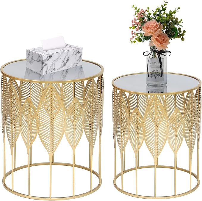 Adeco Set of 2 Side, Decorative Round Metal Accent End Nightstands, Coffee Plant
